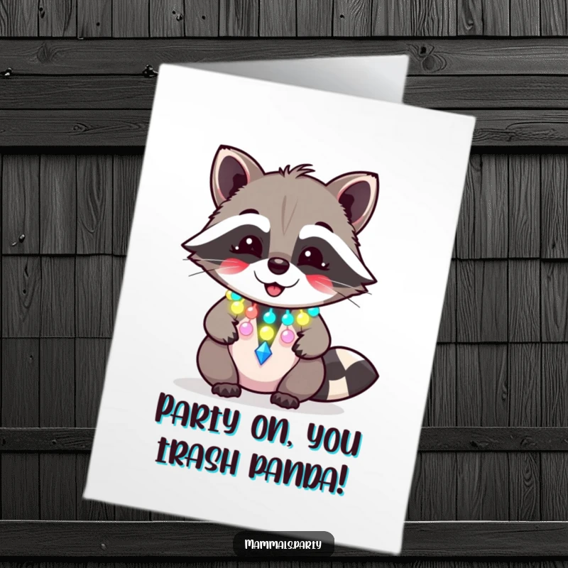 Funny free printable birthday card featuring a giggling raccoon wearing a flashing party necklace, ready to celebrate with wild enthusiasm.