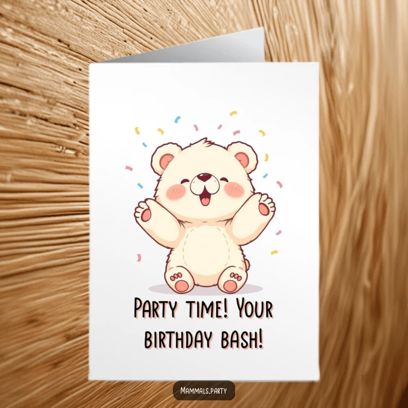 Funny Free Printable Birthday Card featuring a fluffy bear cub joyfully tossing confetti upwards with both paws, ready to download.