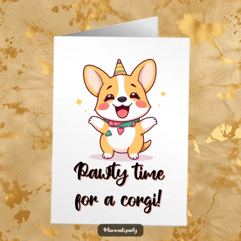 Funny Free Printable Birthday Card: Giggling corgi wearing a party collar doing a silly dance, hilarious birthday celebration, downloadable gift.