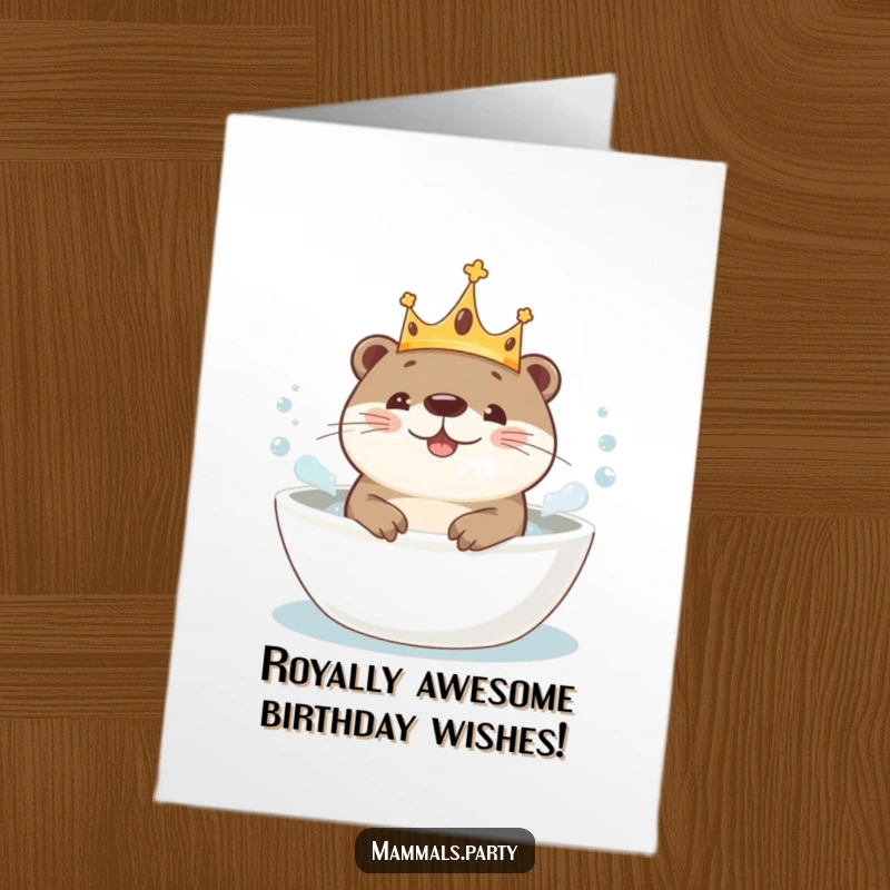 Funny Free Printable Birthday Card: A regal kawaii otter wearing a crown, joyfully splashing in a bubbly bath. Cute downloadable.