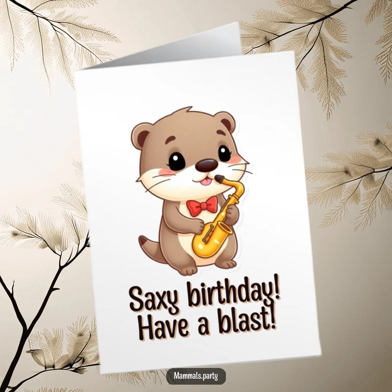Funny Free Printable Birthday Card featuring a dapper otter in a bowtie playing a saxophone, ready to serenade your celebration.