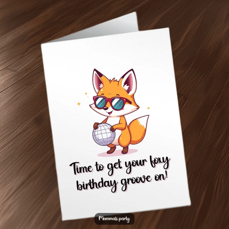 Funny Free Printable Birthday Card featuring a happy fox in tiny sunglasses, enthusiastically dancing with a sparkling disco ball at a party.