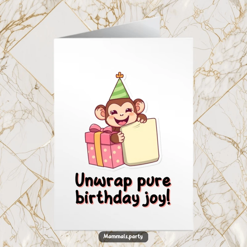 Funny Free Printable Birthday Card: A happy monkey in a party hat, eagerly tearing open a giant gift box.