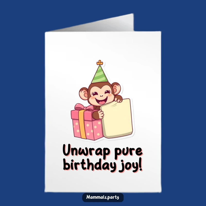 Free Printable Birthday Card: Monkey Unwrapping Present Funny Downloadable Gift