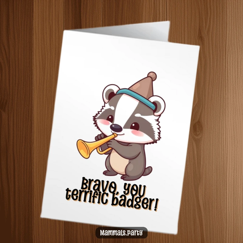 Funny Free Printable Congrats Card: Badger in a silly hat plays trumpet, heralding congratulations with a lively musical blast.