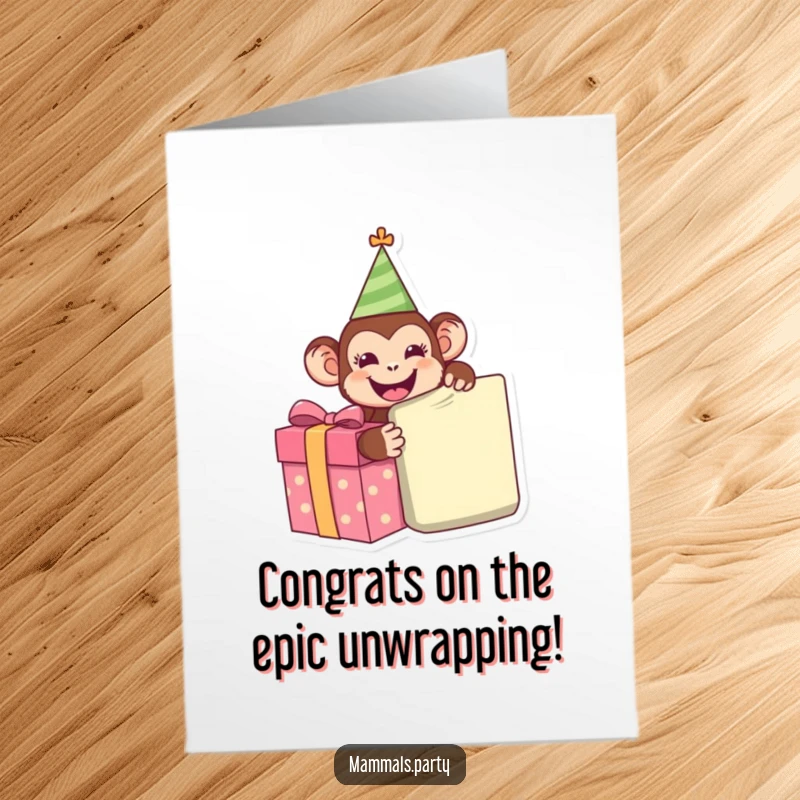 Funny Free Printable Congratulations Card: A cheerful monkey wearing a party hat, excited about unwrapping a large present.