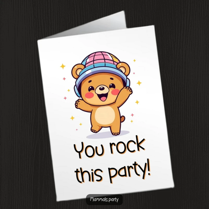 Funny Free Printable Bear Congratulations Card, a happy bear in a disco ball helmet dancing energetically, celebrating success.