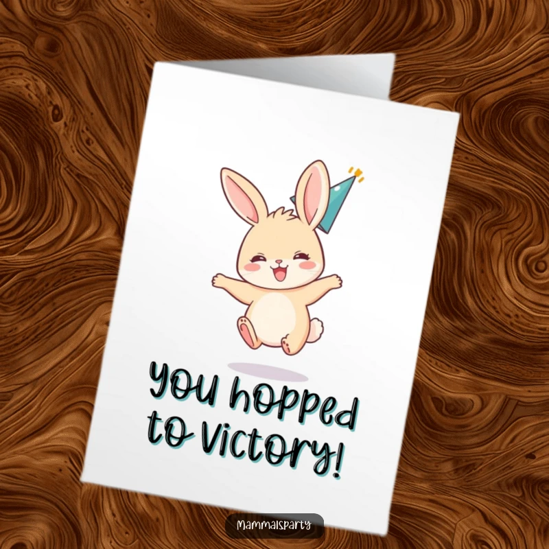 Funny Free Printable Congratulations Card featuring a small bunny bouncing excitedly with ears flopped back, wearing a party hat, get yours.