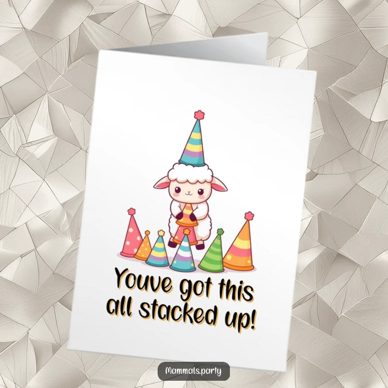 Funny Free Printable Congratulations Card: A kawaii sheep attempts to balance a precarious tower of party hats for a triumph.