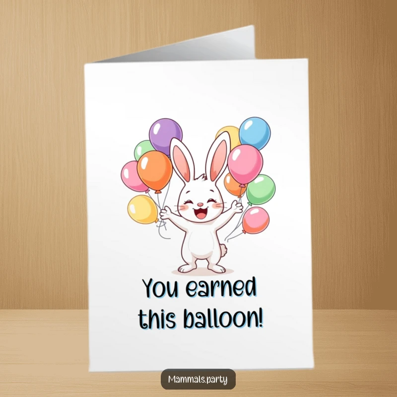 Funny Free Printable Congratulations Card: a cute bunny artistically juggling a bunch of vibrant balloons, celebrating success.