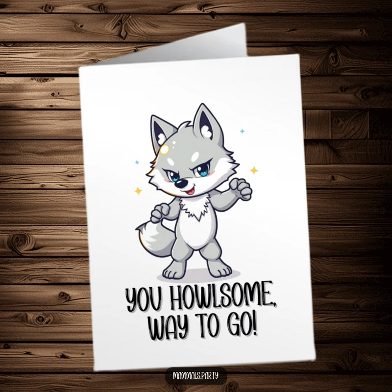 Funny free printable congratulations card with a determined wolf character executing epic disco dance moves next to a shiny ball, printed art.