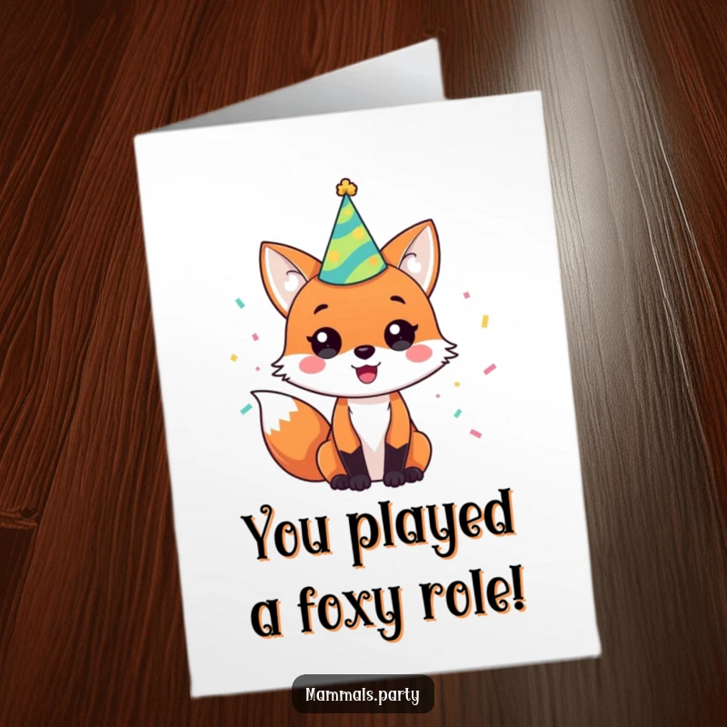 Funny Free Printable Congratulations Card: A happy fox in a party hat, showered with confetti, celebrating an achievement.
