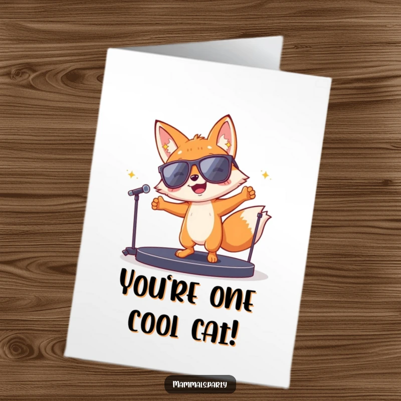Funny Free Printable Congratulations Card: A happy fox in shades grooves wildly on a small stage, celebrating success.