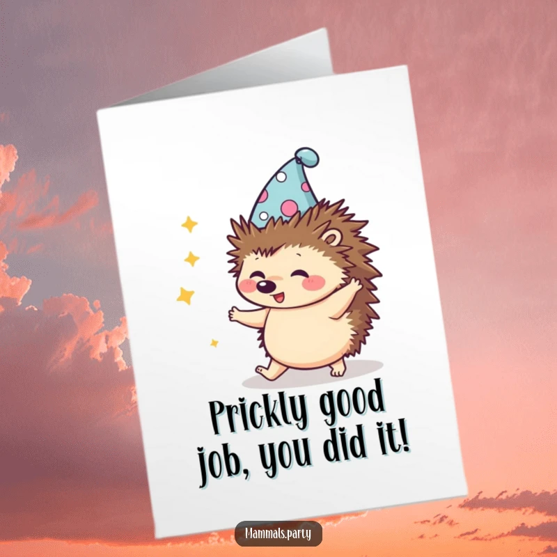 Funny Free Printable Congratulations Card: A kawaii hedgehog wearing a silly hat, performing an awkward, charming dance. Unique downloadable.