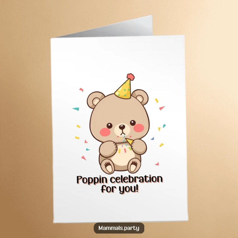 Funny Free Printable Congratulations Card: A cute bear in a party hat joyfully blows a confetti popper, celebrating your big win.