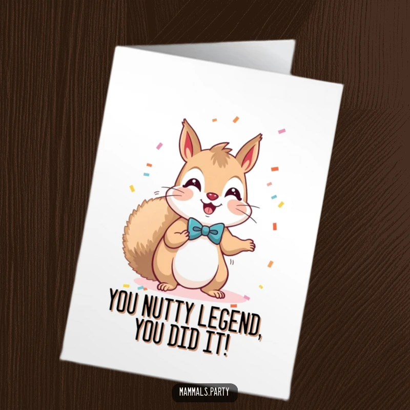 Funny Free Printable Congratulations Card: A charming kawaii squirrel in a bow tie, enthusiastically tossing confetti. Perfect downloadable celebration.
