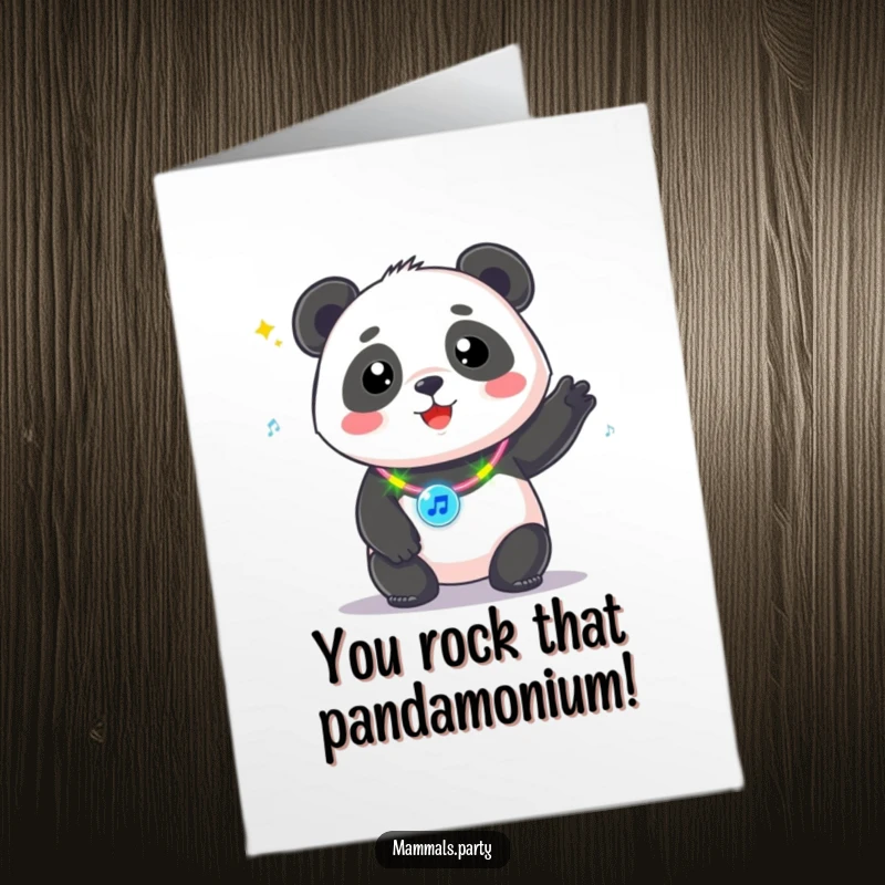 Funny Free Printable Congratulations Card: A kawaii panda sporting a flashing necklace, bopping enthusiastically to unheard beats. Cool downloadable.