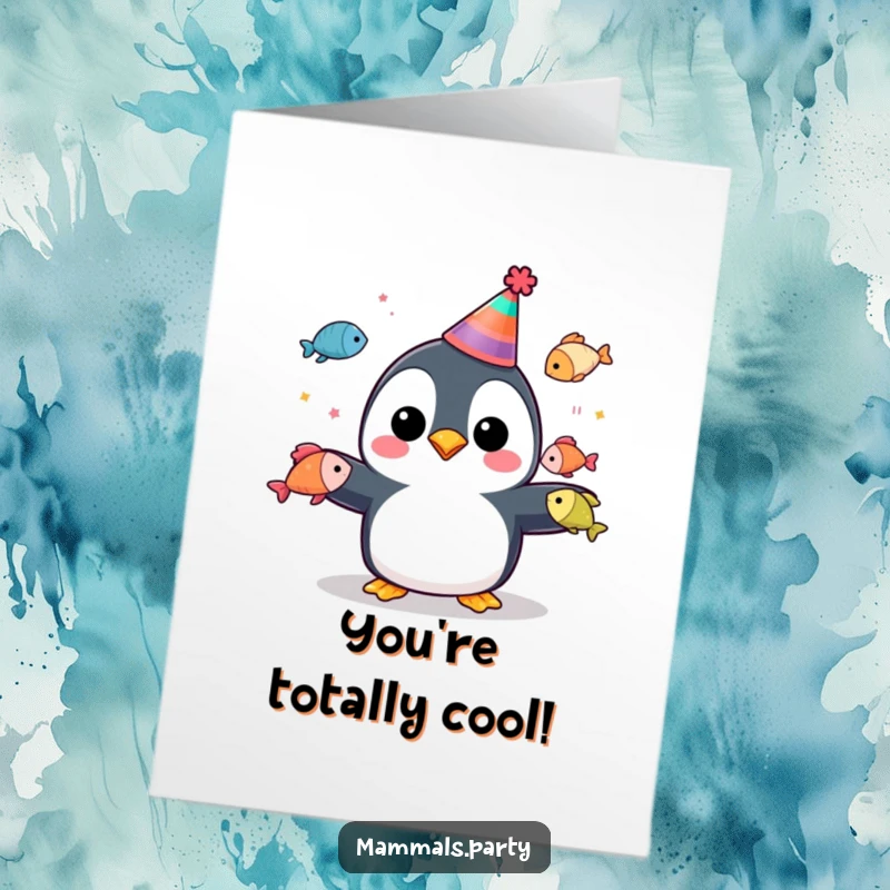 Funny Free Printable Congratulations Card: Penguin in Party Hat Juggling Colorful Fish, Celebrating a Remarkable Achievement.