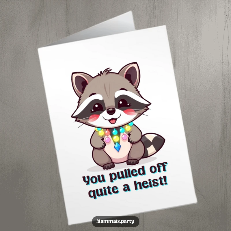 Funny free printable congratulations card with a giggling raccoon sporting a flashing party necklace, celebrating a win with flashy, joyful abandon, print now.