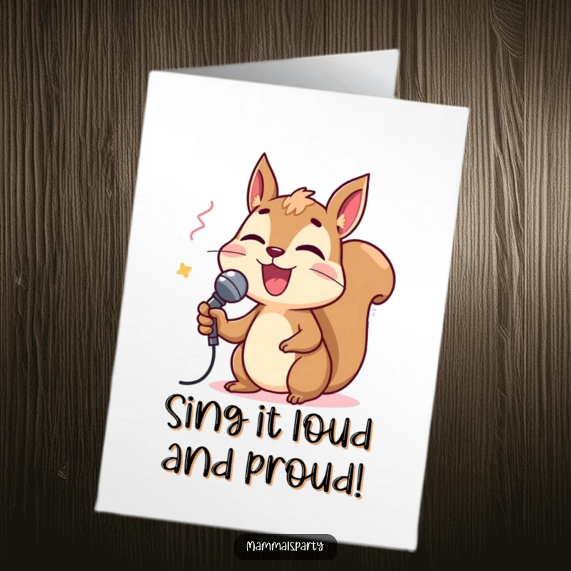 Funny Free Printable Congratulations Card: A delighted squirrel sings their heart out into a small microphone, celebrating a big win.