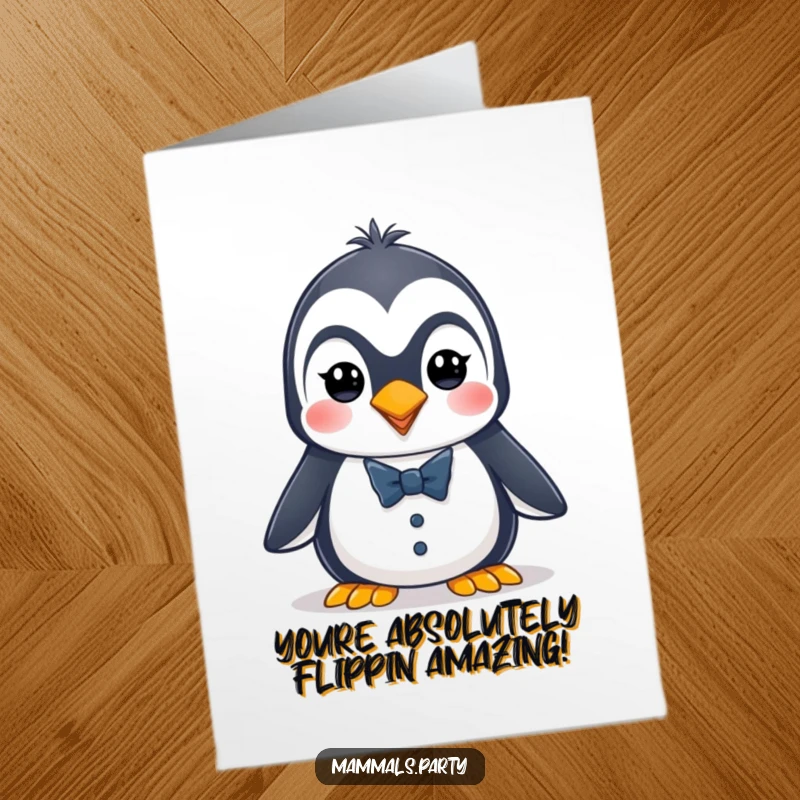 Funny free printable congratulations card with an energetic penguin in a tiny tuxedo, looking sharp and celebrating a success, easy to print.