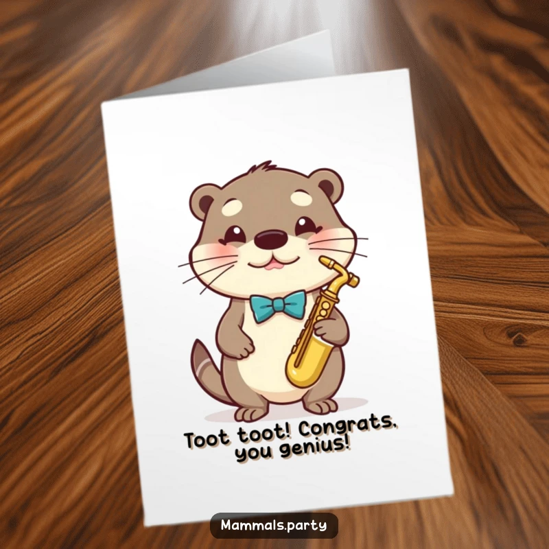 Funny Free Printable Congratulations Card featuring a suave otter in a bowtie playing a saxophone joyfully.