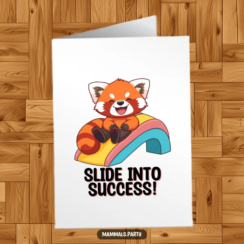 Funny Free Printable Congratulations Card: Giggling red panda powerslides down a rainbow, signifying a spectacular win.