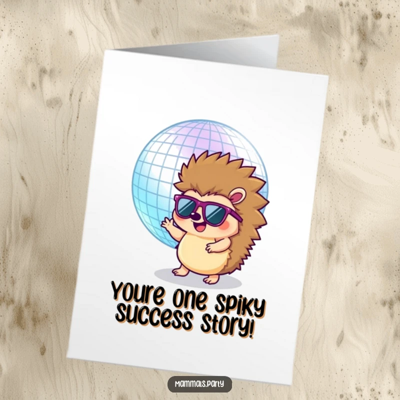Free Printable Congratulations Card: Happy hedgehog in sunglasses attempts a dance with a dazzling disco ball.