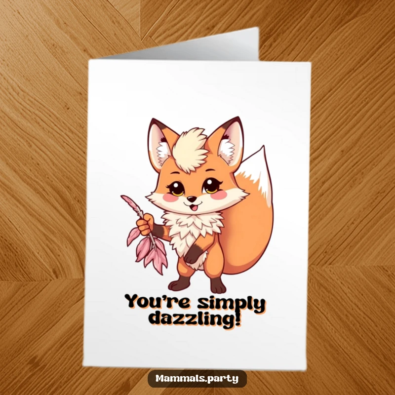 Funny Free Printable Congratulations Card: A striking Kawaii fox wearing a feather boa poses dramatically.