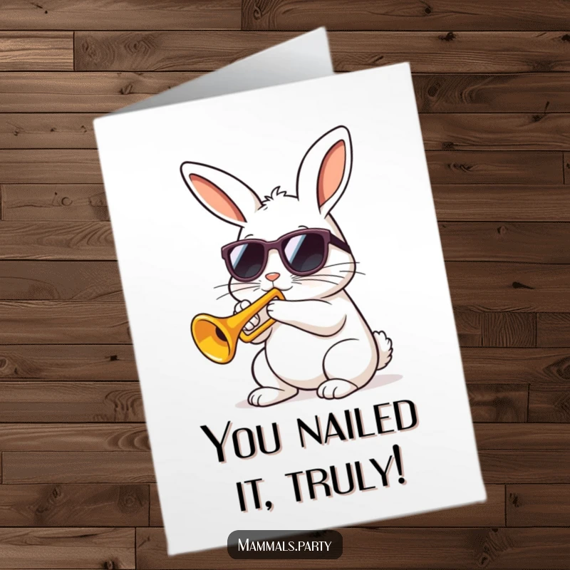 Funny Free Printable Congratulations Card: A Kawaii rabbit wearing sunglasses plays a small trumpet with great energy.