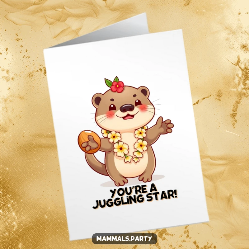 Funny Free Printable Congratulations Card: A playful otter in a lei, happily juggling coconuts to celebrate.
