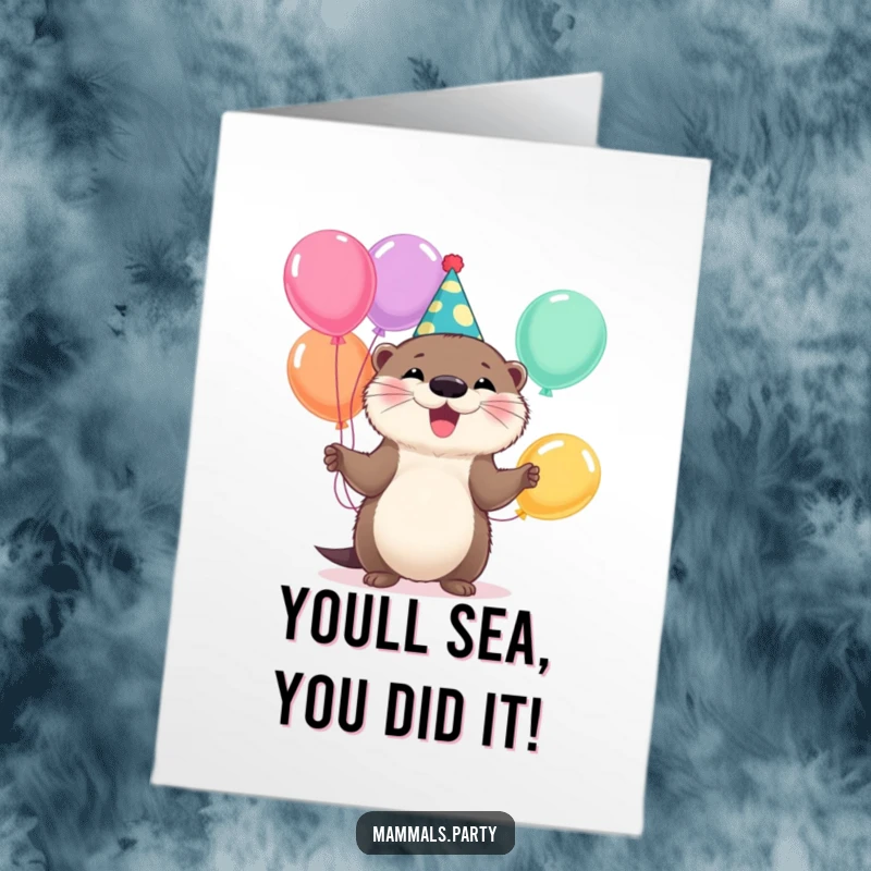 Free Printable Congratulations Card: Adorable otter in party hat, cheerfully juggling balloons to celebrate accomplishments.