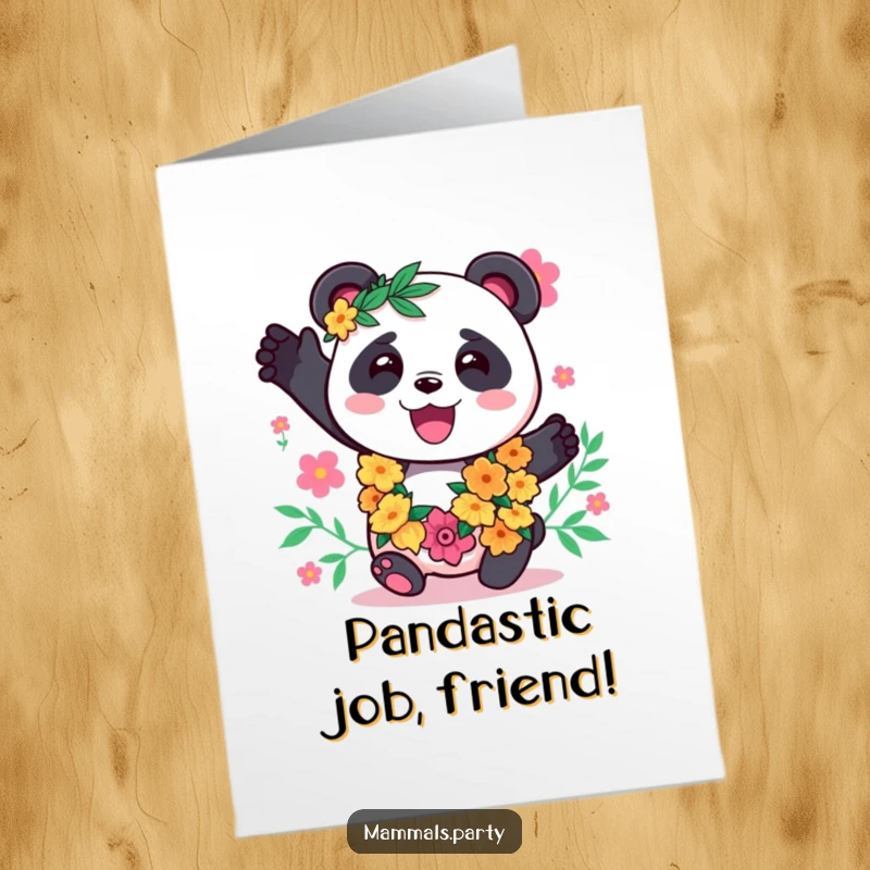 Funny Free Printable Panda Congratulations Card with a festive lei, swaying joyfully, downloadable art.
