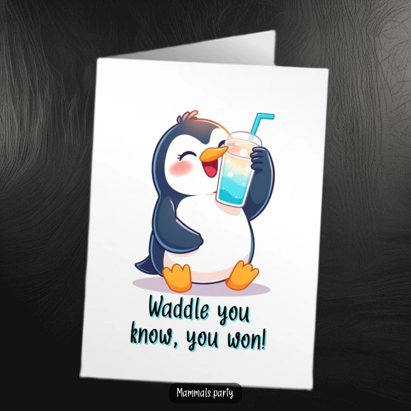 Funny Free Printable Congrats Card: Joyous penguin raising a fizzy drink, celebrating achievements with bubbly excitement.
