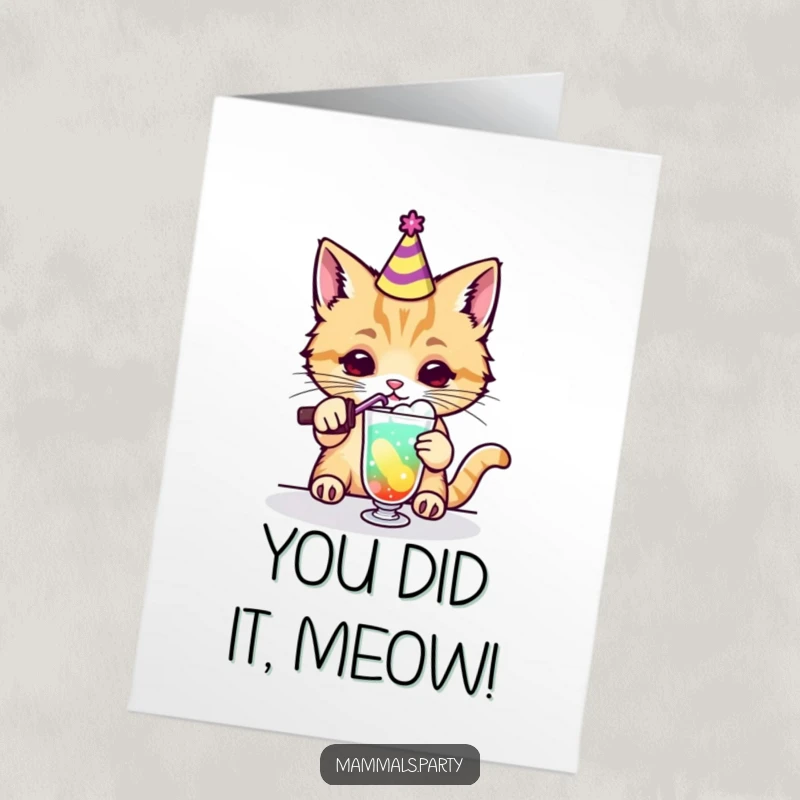 Funny Free Printable Congratulations Card: A Kawaii cat wears a party hat and mixes a bright, bubbly drink.