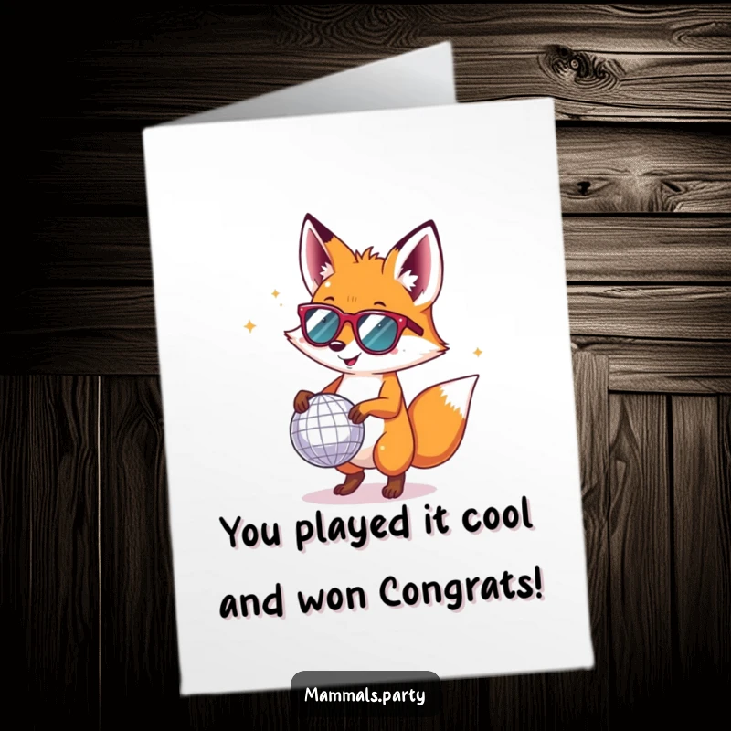 Funny Free Printable Congratulations Card showing a happy fox in tiny sunglasses, dancing wildly with a disco ball, celebrating success.