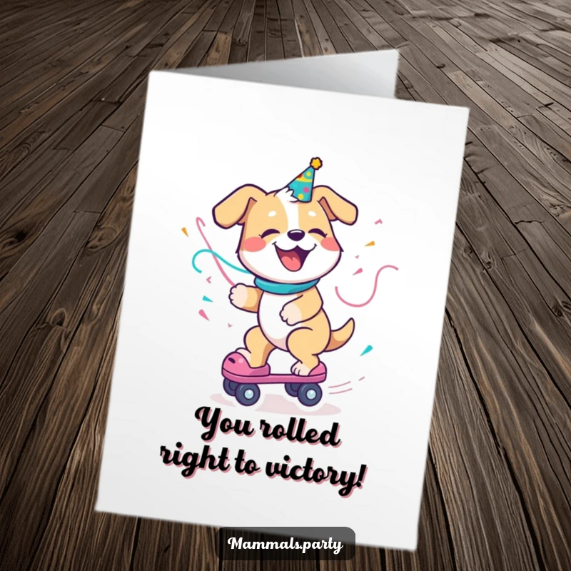 Funny Free Printable Congratulations Card: An excited dog with a party streamer, confidently riding a roller skate.