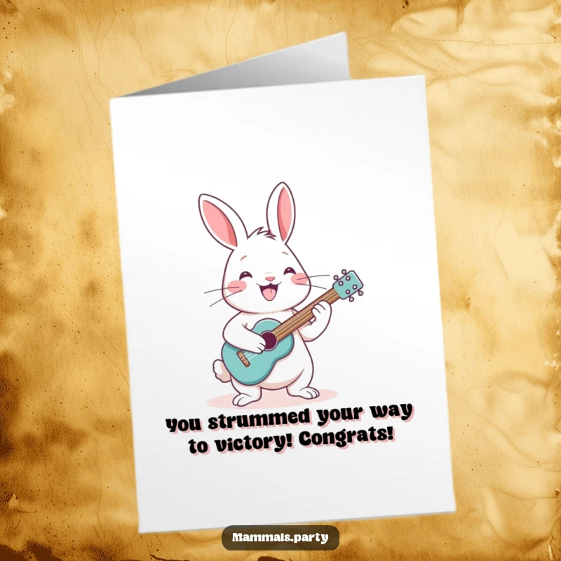 Funny Free Printable Congratulations Card showing a cheerful rabbit with a grin, strumming a tiny guitar, celebrating an achievement.