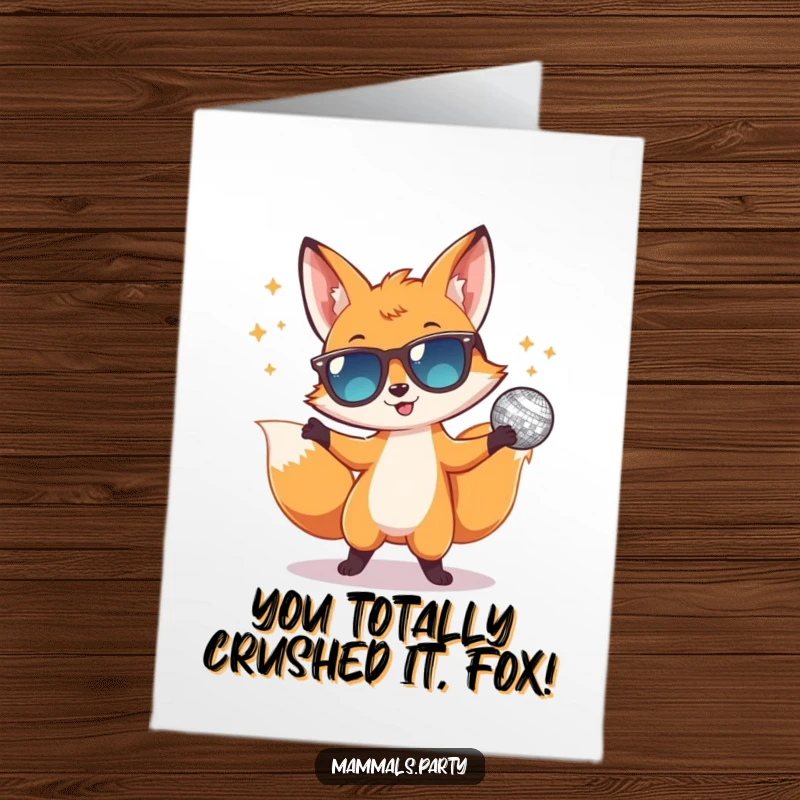 Funny Free Printable Congratulations Card: Dancing fox in sunglasses celebrating with a disco ball and pure joy.