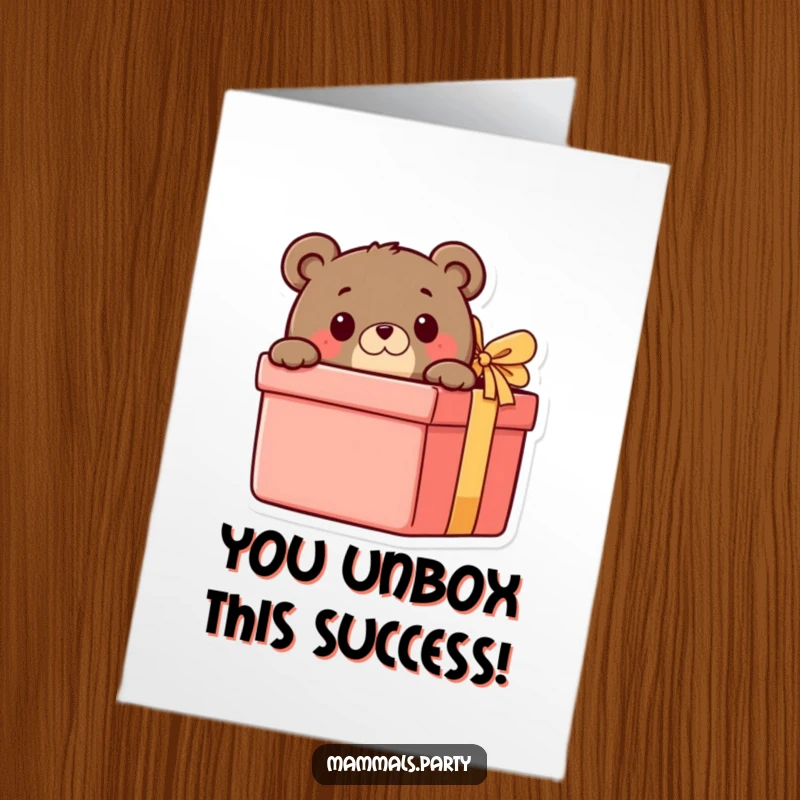 Funny Free Printable Congratulations Card where a curious bear peeks excitedly from behind a massive gift box.