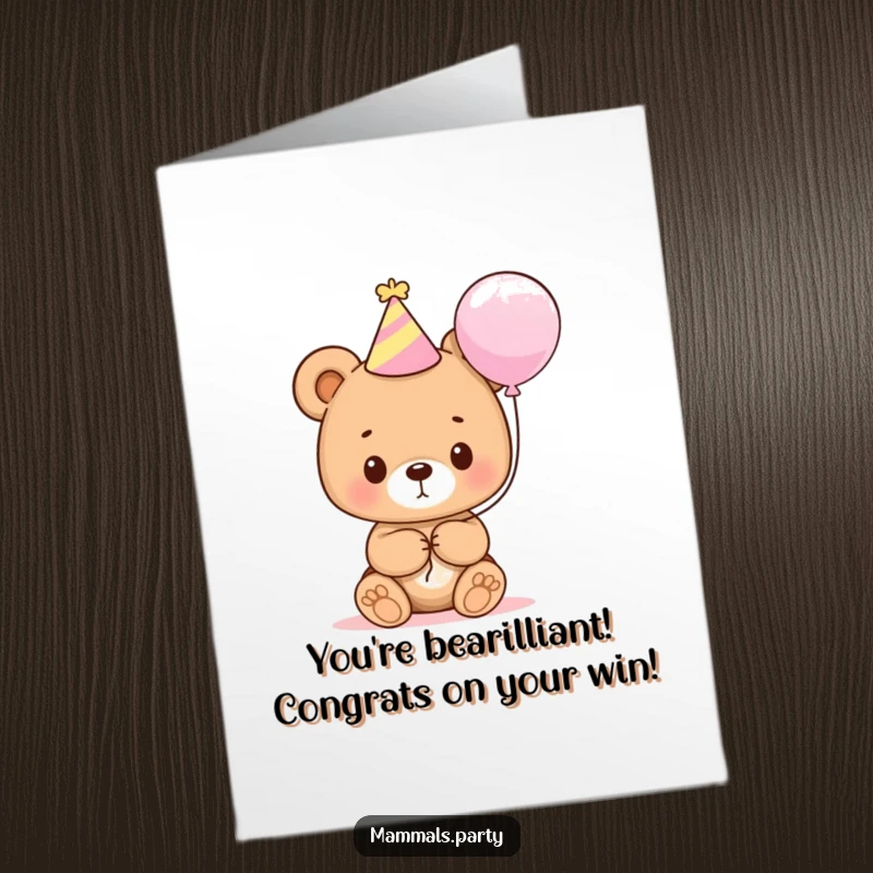 Funny Free Printable Congratulations Card showing a cute bear cub in a party hat, holding a festive balloon, radiating joy.