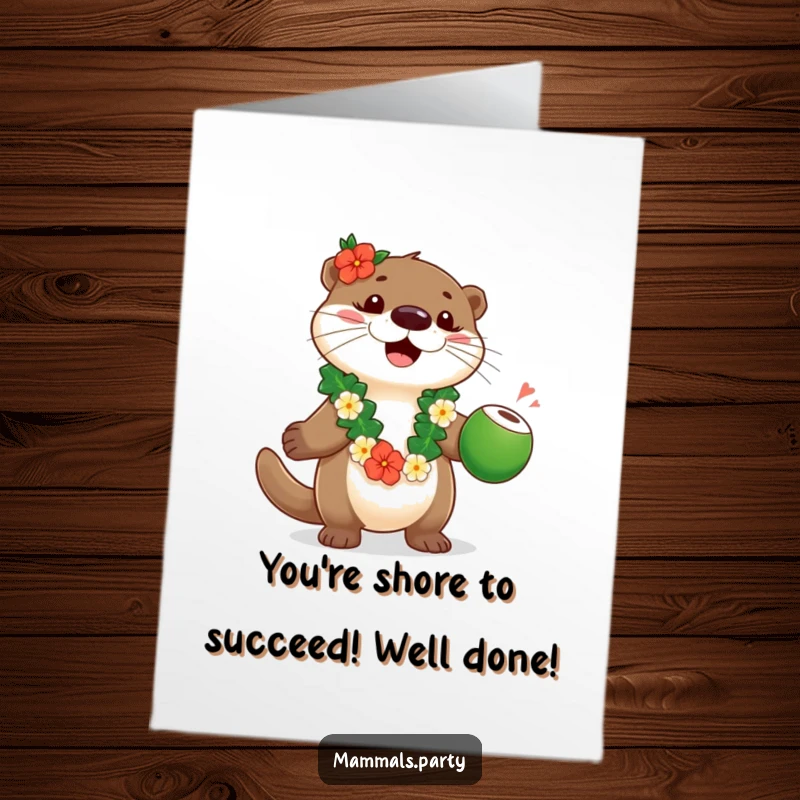 Funny Free Printable Congratulations Card featuring a playful otter in a lei juggling coconuts, celebrating a fantastic achievement.