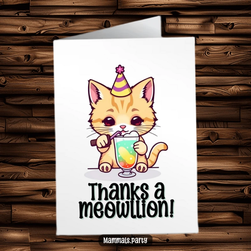 Funny Free Printable Thank You Card: A Kawaii cat in a party hat mixes a colorful, perhaps questionable, drink.