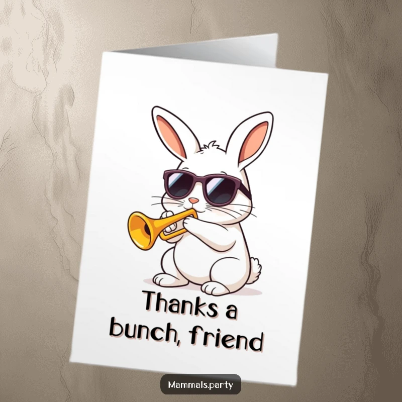 Funny Free Printable Thank You Card: A Kawaii rabbit with sunglasses confidently plays a tiny trumpet.