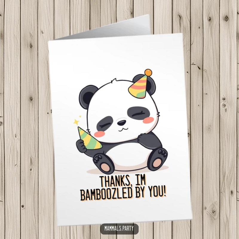 Free Printable Thank You Card: A sleepy panda with a mischievous look holds a tiny party horn to say thanks.