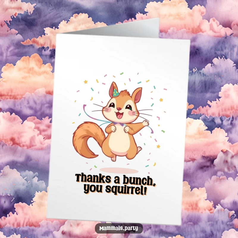 Free Printable Thank You Card: A festive squirrel with streamers scatters confetti with excitement, saying thanks.