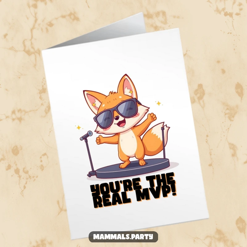 Funny Free Printable Thank You Card featuring a joyful fox in sunglasses dancing enthusiastically on a mini stage.