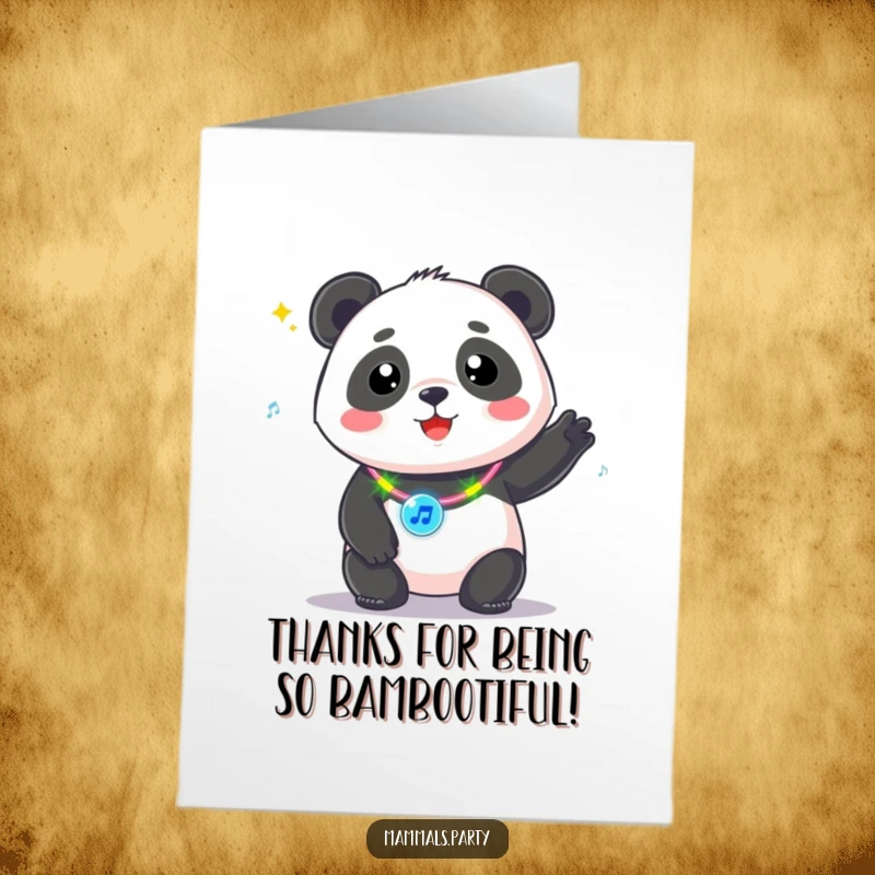 Funny Free Printable Thank You Card: A cute kawaii panda with a flashing necklace, grooving happily. Stylish downloadable art.