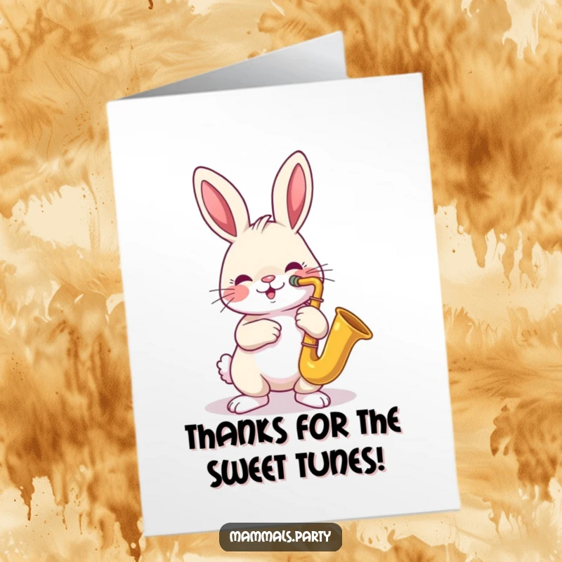 Funny Free Printable Thank You Card: A cheerful rabbit playing a tiny saxophone, offering thanks with a musical flourish.