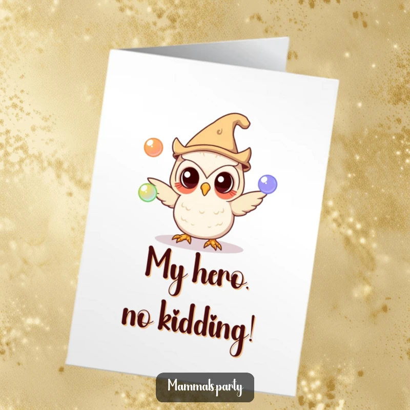 Funny Free Printable Thank You Card: A curious owl in a silly hat juggles glowing orbs, sending thanks with a magical touch.